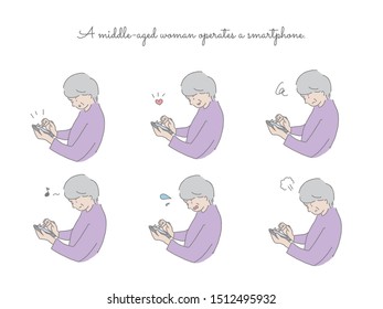This is an illustration of a middle-aged woman who operates a smartphone. Easy to design with simple taste.
