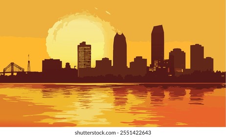 Esta ilustración de Milwaukee, Wisconsin, captura la ciudad al atardecer, con los cálidos tonos dorados del sol poniente iluminando el horizonte.