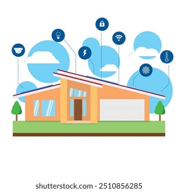 Esta ilustración muestra un hogar inteligente moderno con varias características tecnológicas destacadas. Estos iconos incluyen símbolos de seguridad, conectividad a Internet, eficiencia energética y control de temperatura.