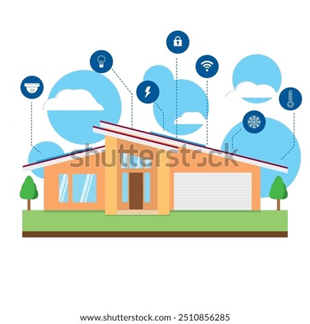 This illustration a modern smart home with various technological features highlighted.These icons include symbols for security, internet connectivity, energy efficiency, and temperature control.