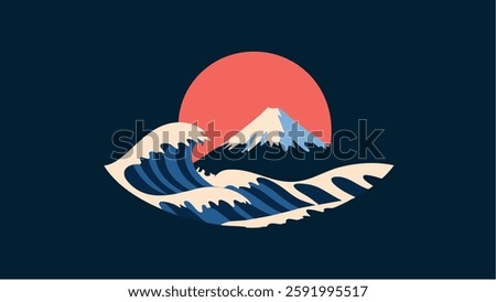 This illustration is a modern take on Hokusai's iconic "The Great Wave off Kanagawa," featuring the mighty wave crashing under a bold red sun with Mount Fuji towering in the background. 