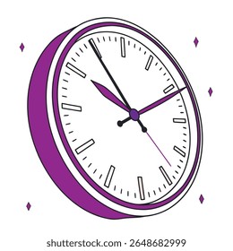 This is an illustration of a modern wall clock with a purple frame. The clock shows the time as approximately 8:20. The design is tilted slightly to the right, giving it a 3D effect. 