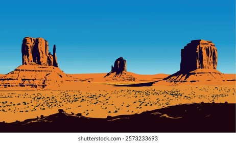 This illustration of Monument Valley captures the essence of the American Southwest. The red rock formations rise dramatically against the deep blue sky, creating an iconic landscape