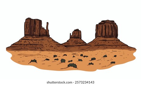 This illustration of Monument Valley captures the essence of the American Southwest. The red rock formations rise dramatically against the deep blue sky, creating an iconic landscape