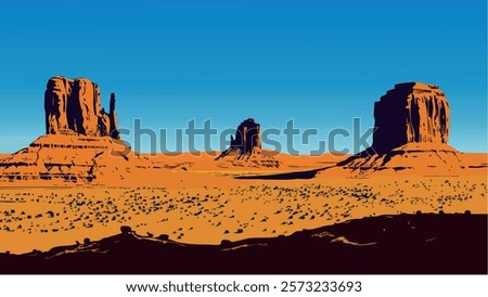 This illustration of Monument Valley captures the essence of the American Southwest. The red rock formations rise dramatically against the deep blue sky, creating an iconic landscape