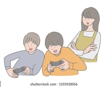 This is an illustration of a mother who pays attention to children playing video games.