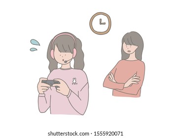 This is an illustration of a mother who pays attention to children playing video games.