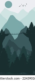 This is an illustration of mountain biome with an old bridge connecting two hills. color palette is  Timber Green and lighter