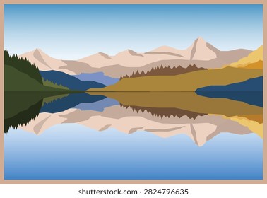 This is an illustration of a mountain landscape featuring a reflection in the lake in the foreground, rendered in a minimalist, abstract graphic style.