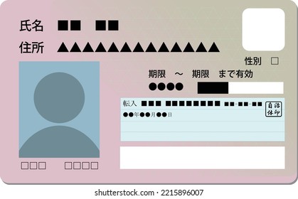 This is an illustration of a my number card with a change of address due to a move. The written Japanese is "name, address, gender, expiration date, municipality, moving in, and validity.