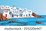 This illustration of Mykonos, Greece, captures the iconic charm of this beautiful island. The narrow cobblestone streets wind between whitewashed buildings with striking blue shutters