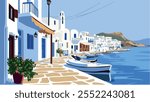 This illustration of Mykonos, Greece, captures the iconic charm of this beautiful island. The narrow cobblestone streets wind between whitewashed buildings with striking blue shutters