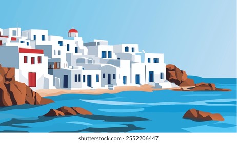 Esta ilustración de Mykonos, Grecia, captura el encanto icónico de esta hermosa isla. Las estrechas calles empedradas serpentean entre edificios encalados con llamativas persianas azules