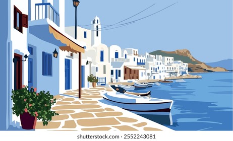 Esta ilustración de Mykonos, Grecia, captura el encanto icónico de esta hermosa isla. Las estrechas calles empedradas serpentean entre edificios encalados con llamativas persianas azules