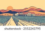 This illustration of Napa Valley, California, showcases the picturesque beauty of the region. Expansive vineyards stretch across the rolling hills, with rows of grapevines leading to a charming estate