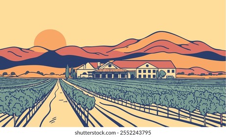 This illustration of Napa Valley, California, showcases the picturesque beauty of the region. Expansive vineyards stretch across the rolling hills, with rows of grapevines leading to a charming estate