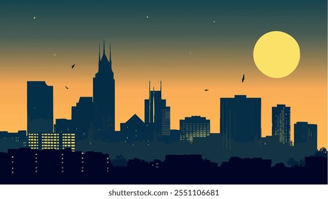 Esta ilustración de Nashville, Tennessee, captura el vibrante horizonte de la ciudad al atardecer. La silueta de la famosa arquitectura de Nashville, incluidos los imponentes rascacielos