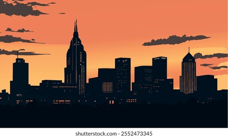 This illustration of Nashville, Tennessee, captures the city’s vibrant skyline at sunset. The silhouette of Nashville’s famous architecture