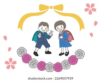 This is an illustration of a new elementary school student with a ribbon and paper flowers in a frame with cherry blossoms.