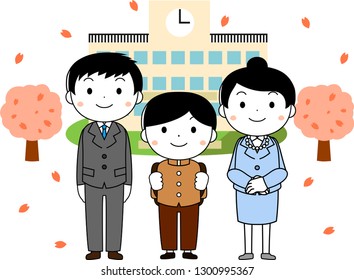 This is an illustration of a new student and parents at the entrance ceremony.