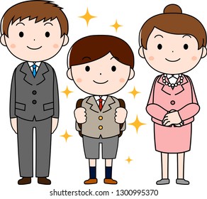 This is an illustration of a new student and parents at the entrance ceremony.