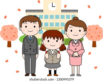 This is an illustration of a new student and parents at the entrance ceremony.