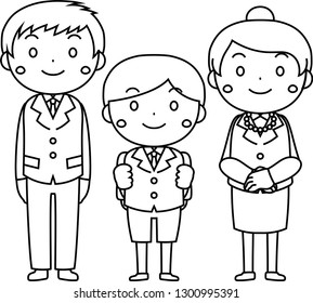 This is an illustration of a new student and parents at the entrance ceremony.