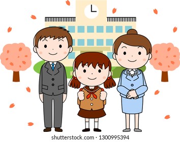 This is an illustration of a new student and parents at the entrance ceremony.