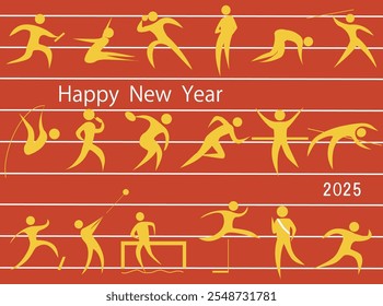 This is an illustration of a New Year's card for 2025, using track and field icons as the background.