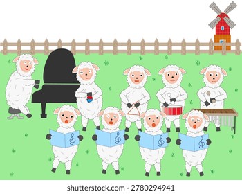 This is an illustration for a New Year's card for 2027. Sheep are holding a concert to celebrate the New Year. 