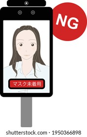 This is an illustration of a non-contact automatic thermometer (thermal camera) NG example.　Japanese as written means unmasked.