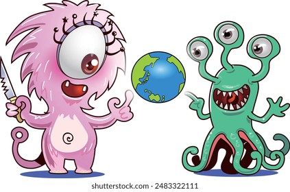 This is an illustration of non-human life forms discussing how to conquer the Earth.