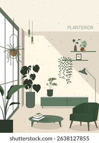This is an illustration of a Nordic-style living room interior filled with plants.