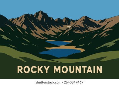 This illustration offers a stunning view from Trail Ridge Road in Rocky Mountain National Park, showcasing the towering snow-capped peaks and crystal-clear alpine lakes below. 