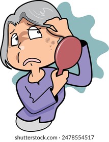 This is an illustration of an old lady who is worried about spots on her face.