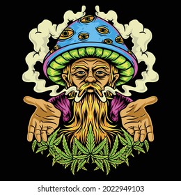 This is an illustration an old man and mushroom his head    holding cannabis leaf in his hand 