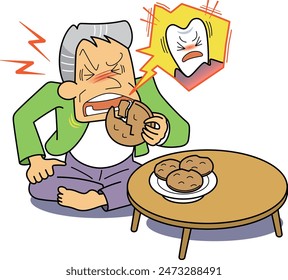 This is an illustration of an old man who is having difficulty eating hard foods.