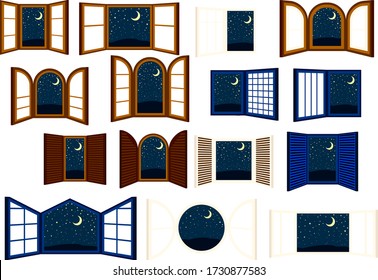 This is a illustration of Open window frame at night 