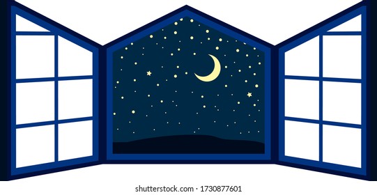 This is a illustration of Open window frame at night 