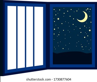 This is a illustration of Open window frame at night 