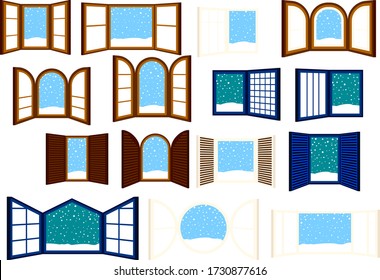 This is a illustration of Open window frame with falling snow 