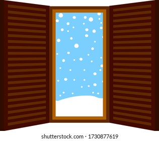 This is a illustration of Open window frame with falling snow 