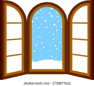 Esta es una ilustración del marco de ventana abierta con nieve en caída 