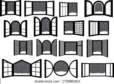This is a illustration of Open window frame with falling snow 