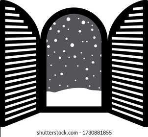 This is a illustration of Open window frame with falling snow 