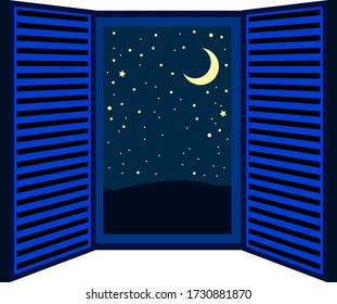 This is a illustration of Open window frame at night 