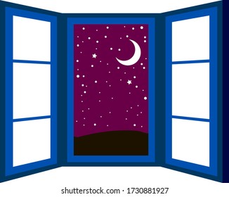 This is a illustration of Open window frame at night 