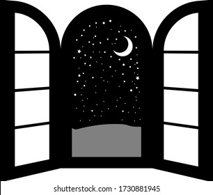 Esta es una ilustración de la ventana abierta por la noche 