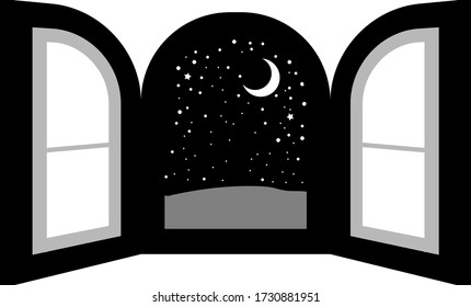 This is a illustration of Open window frame at night 