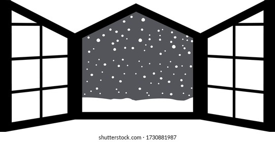 This is a illustration of Open window frame with falling snow 